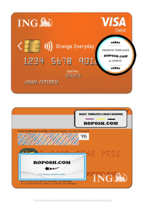 Netherlands ING Orange visa card template in PSD format, fully editable
