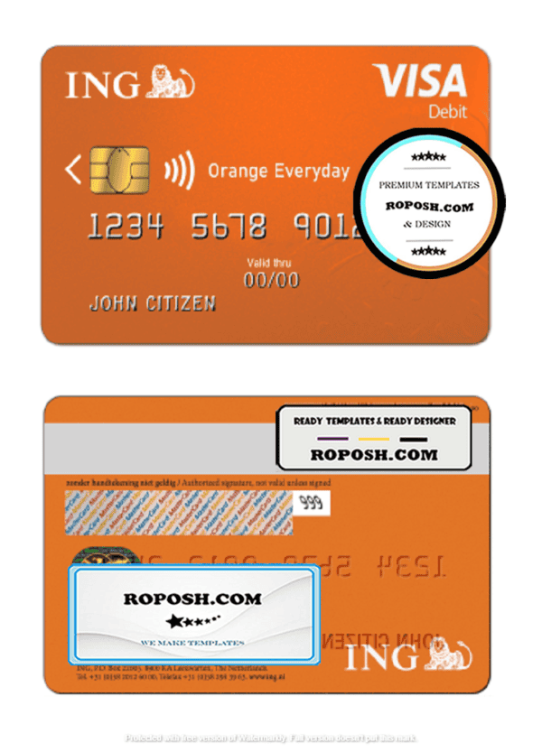 Netherlands ING Orange visa card template in PSD format, fully editable
