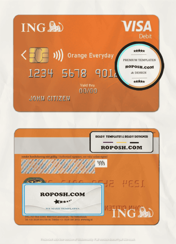 Netherlands ING Orange visa card template in PSD format, fully editable