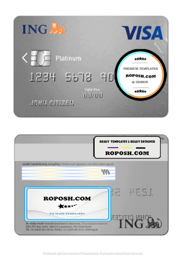 Netherlands ING Bank visa card template in PSD format, fully editable