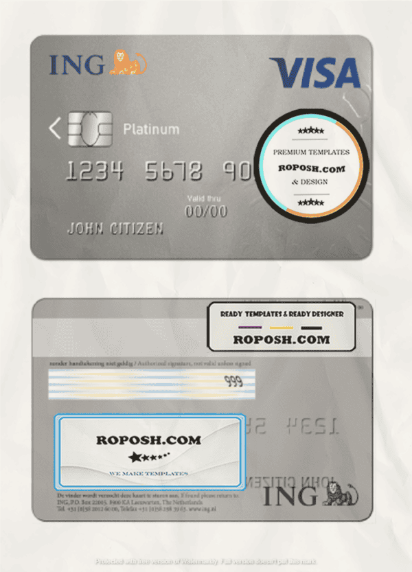 Netherlands ING Bank visa card template in PSD format, fully editable