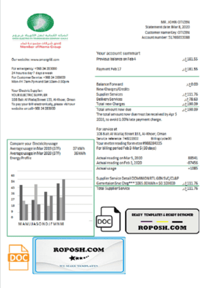 Oman Electricity Transmission Company electricity utility bill template in Word and PDF format