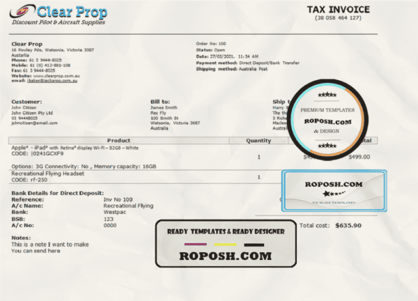Australia Clear Prop Discount Pilot & Aircraft Supplies company invoice template in Word and PDF format, fully editable