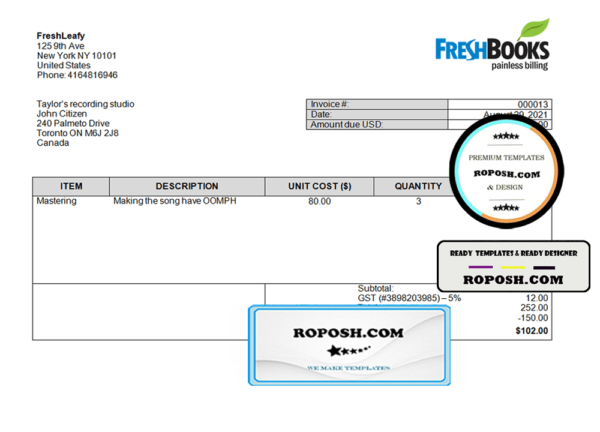 USA FreshBooks Company invoice template in Word and PDF format, fully editable