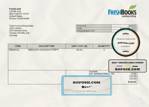 USA FreshBooks Company invoice template in Word and PDF format, fully editable