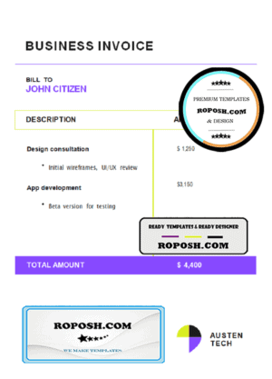 USA Austen Tech Company invoice template in Word and PDF format, fully editable