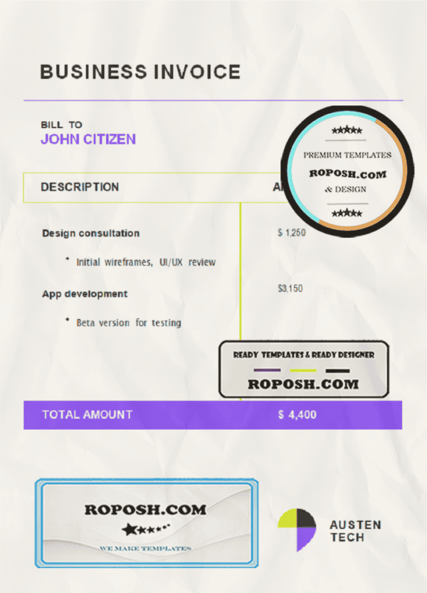 USA Austen Tech Company invoice template in Word and PDF format, fully editable