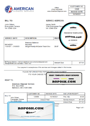 USA American Disposal invoice template in Word and PDF format, fully editable