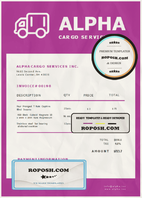 USA Alpha Cargo Services invoice template in Word and PDF format, fully editable