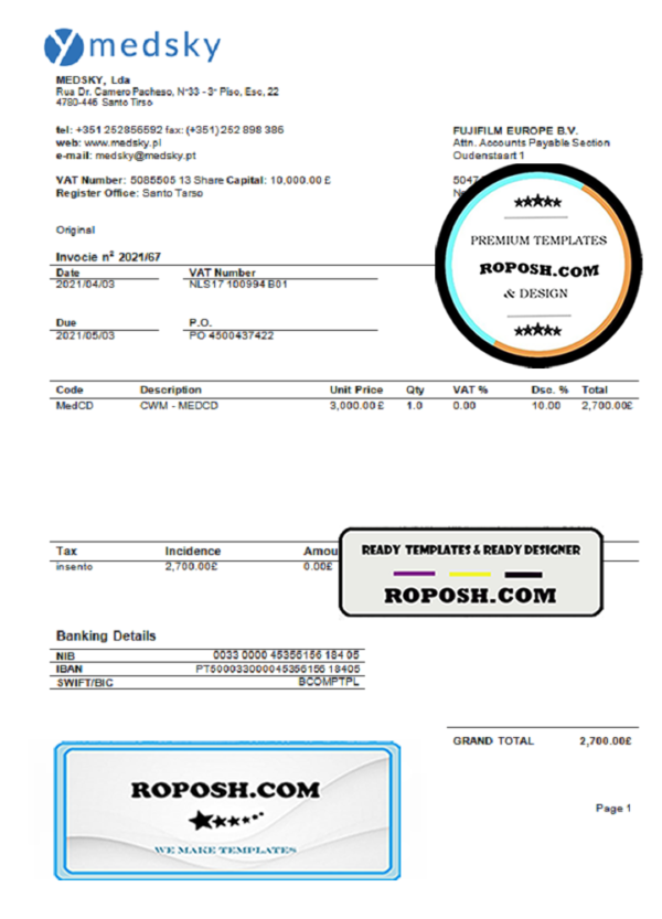 Portugal Medsky Lda company invoice template in Word and PDF format, fully editable