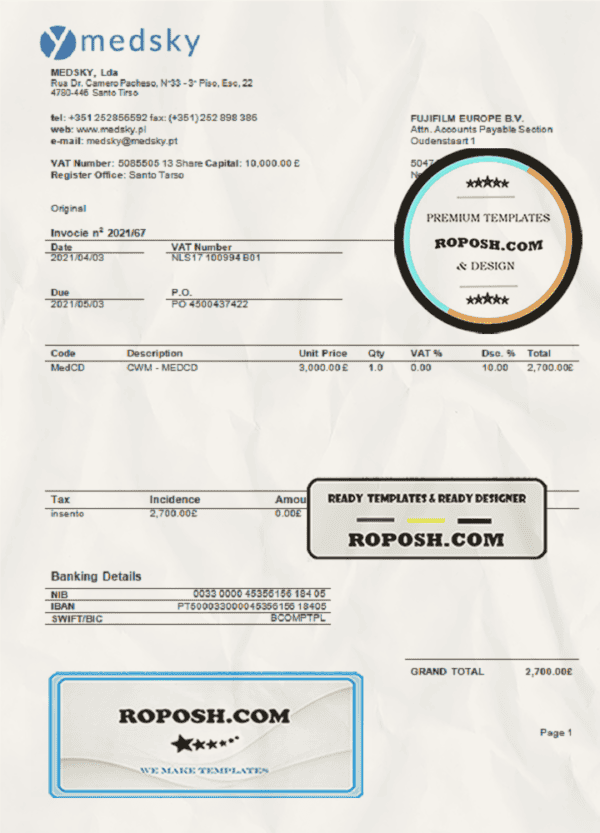 Portugal Medsky Lda company invoice template in Word and PDF format, fully editable
