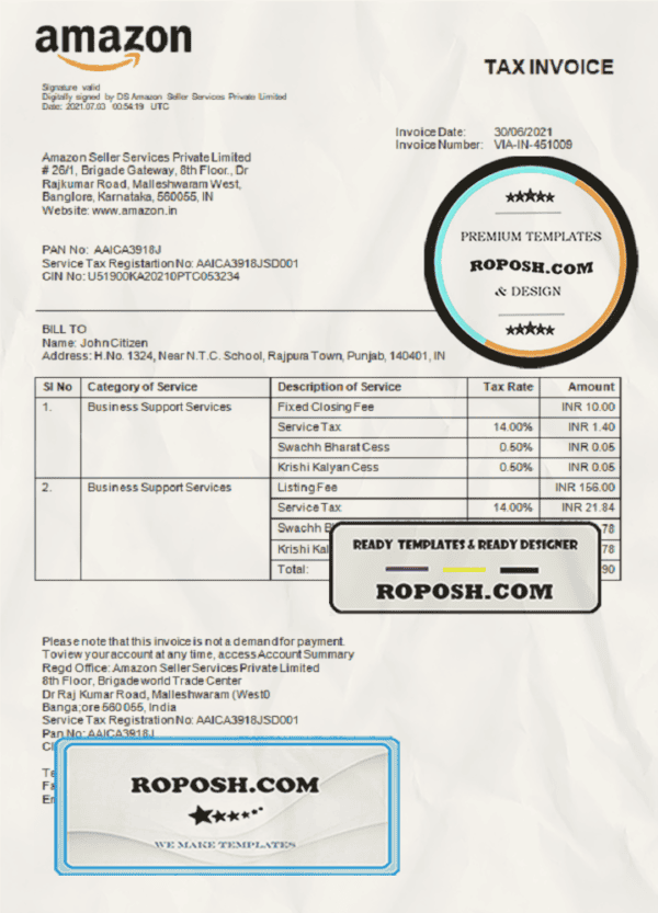 India Amazon American multinational technology company invoice template in Word and PDF format, fully editable
