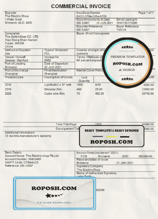 Australia Commercial Invoice company invoice template in Word and PDF format, fully editable