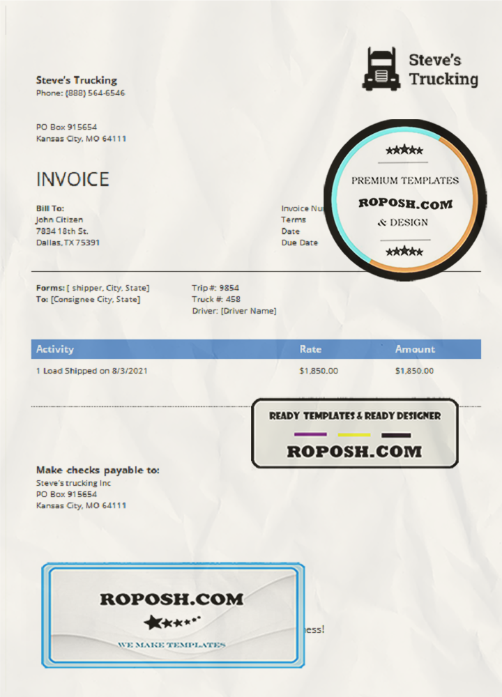 USA Steve’s Trucking Company invoice template in Word and PDF format, fully editable scan effect