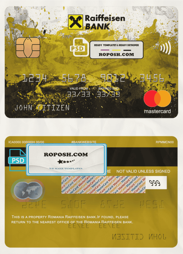 Romania Raiffeisen bank mastercard, fully editable template in PSD format
