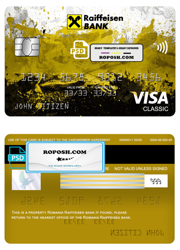 Romania Raiffeisen bank visa classic card, fully editable template in PSD format