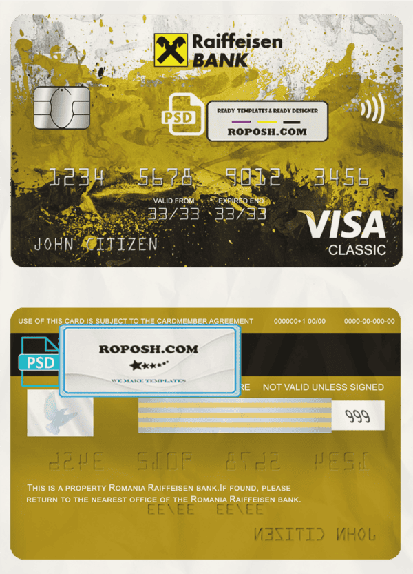 Romania Raiffeisen bank visa classic card, fully editable template in PSD format
