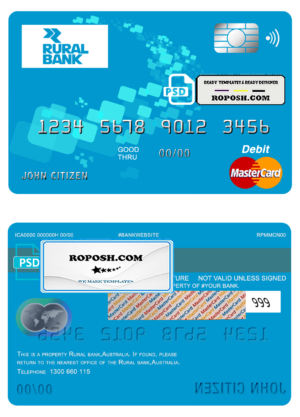 Australia Rural Bank mastercard debit card template in PSD format, fully editable