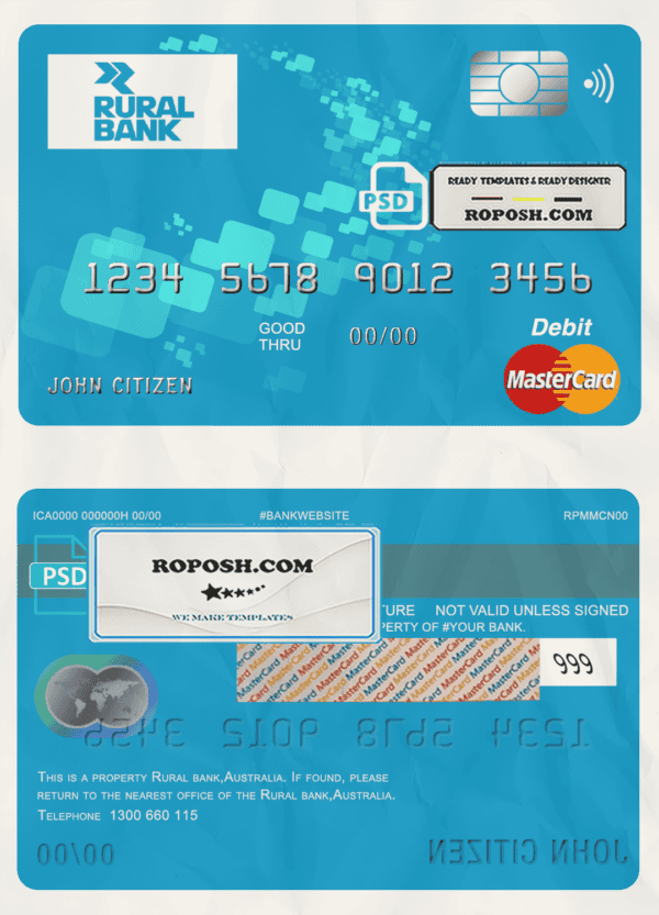 Australia Rural Bank mastercard debit card template in PSD format, fully editable
