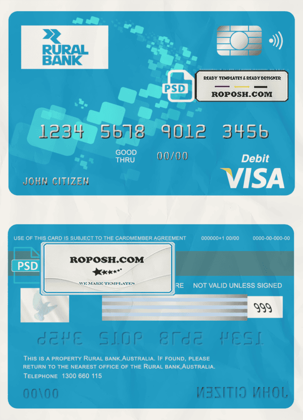 Australia Rural Bank visa card debit card template in PSD format, fully editable