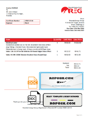 Rwanda Energy Group electricity utility bill template in Word and PDF format
