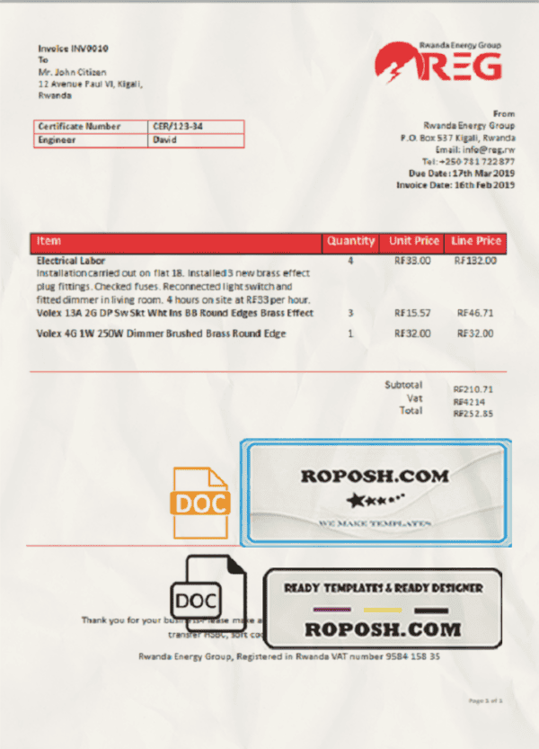 Rwanda Energy Group electricity utility bill template in Word and PDF format