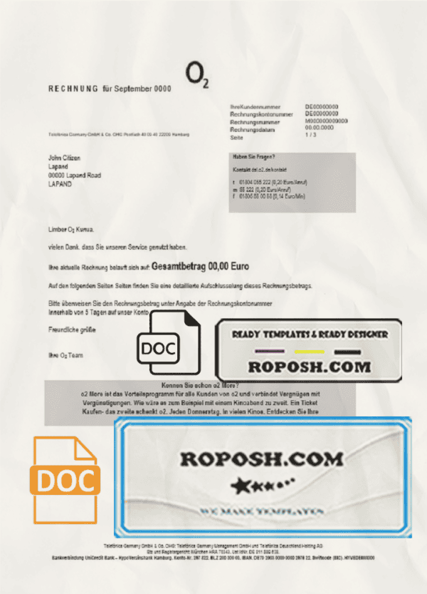 Germany RECHNUNG O2 utility bill template in Word and PDF format