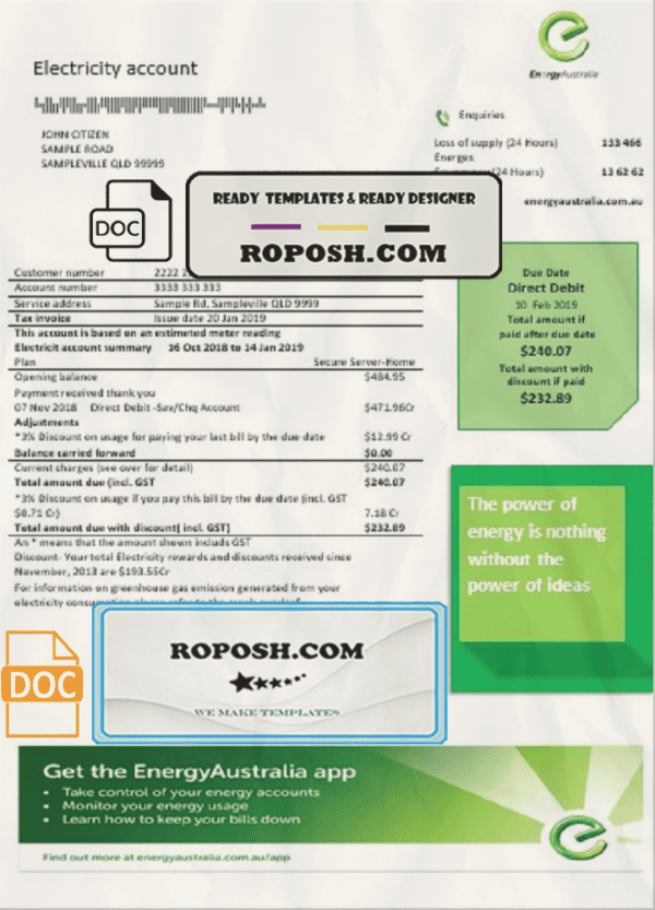 Australia Energy proof of address utility bill template in Word and PDF format