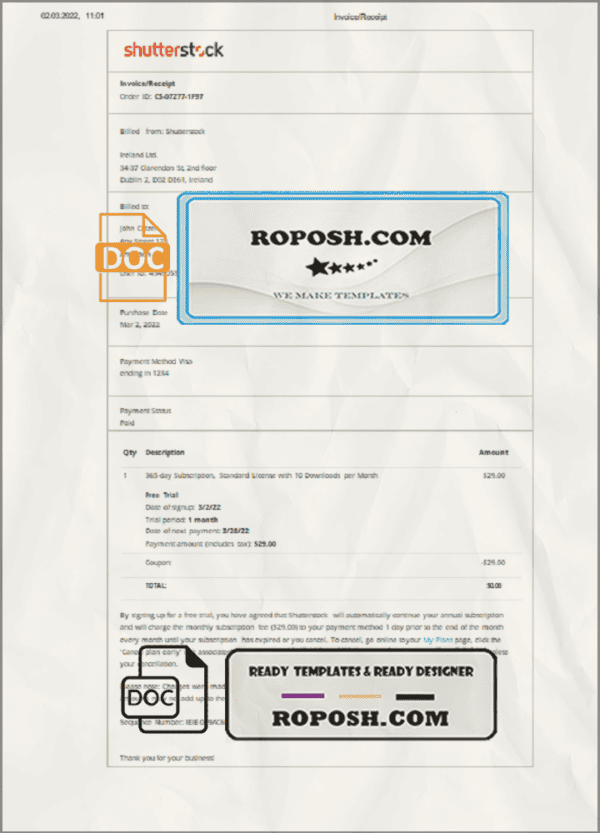 Ireland Shutterstock invoice template in Word and PDF format, fully editable