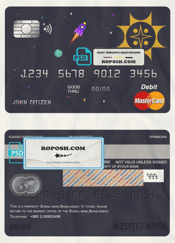 Bangladesh Sonali Bank mastercard debit card template in PSD format, fully editable