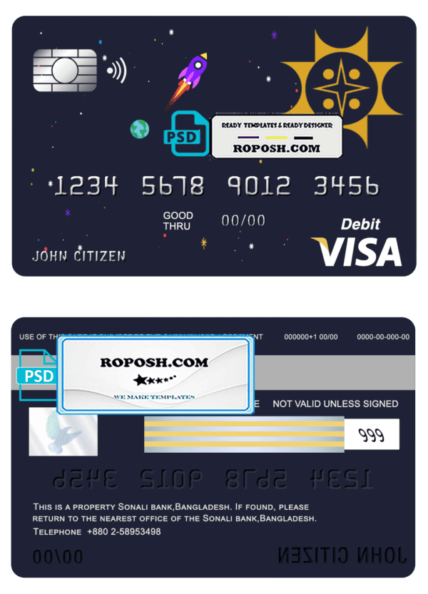 Bangladesh Sonali Bank visa card debit card template in PSD format, fully editable