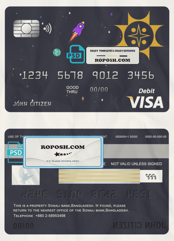 Bangladesh Sonali Bank visa card debit card template in PSD format, fully editable
