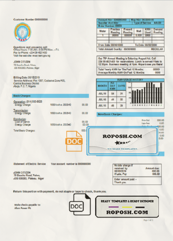 Nigeria Nigerian Electricity Regulatory Commission electricity utility bill template in Word and PDF format scan effect