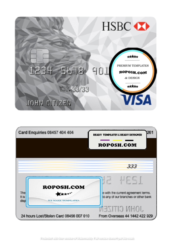 United Kingdom HSBC visa classic card template in PSD format, fully editable