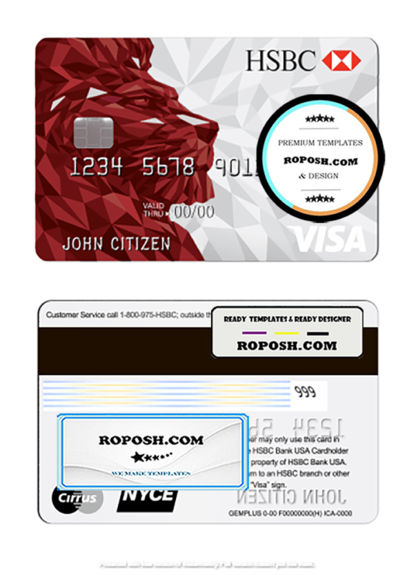 USA HSBC Bank Visa Credit Card template in PSD format, fully editable