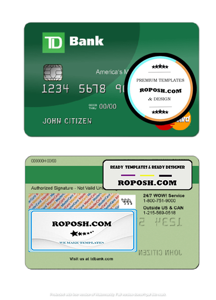 USA TD Bank MasterCard Card template in PSD format, fully editable
