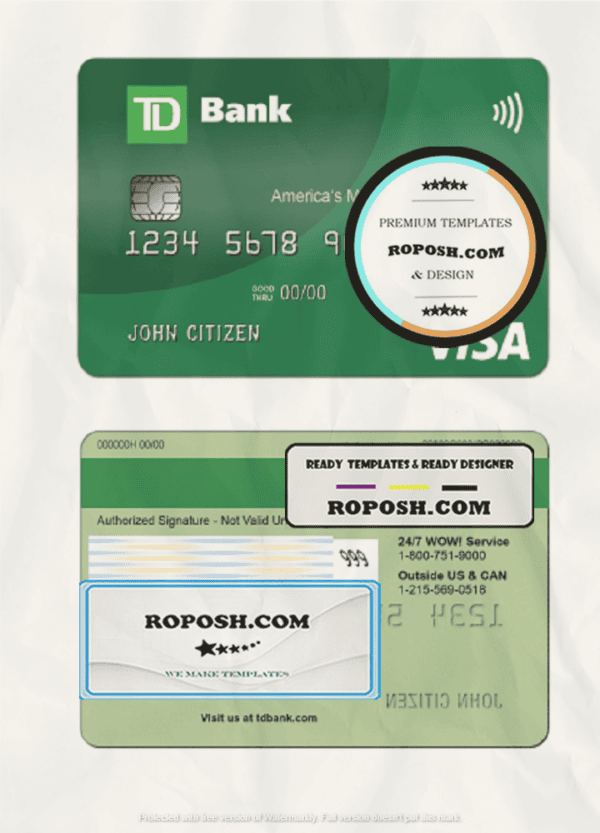 USA TD Bank Visa Debit Card template in PSD format, fully editable