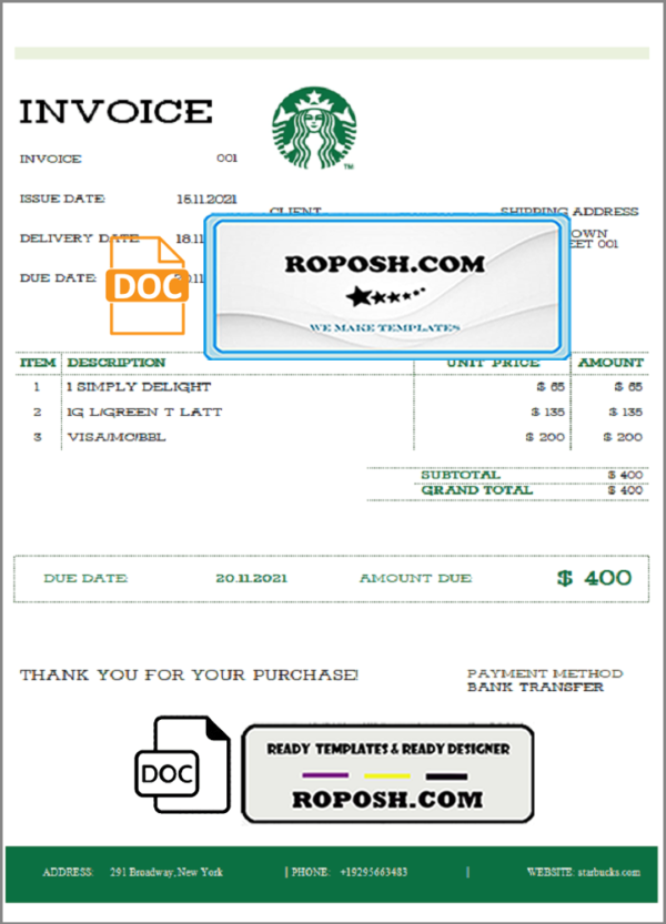 USA Starbucks invoice template in Word and PDF format, fully editable