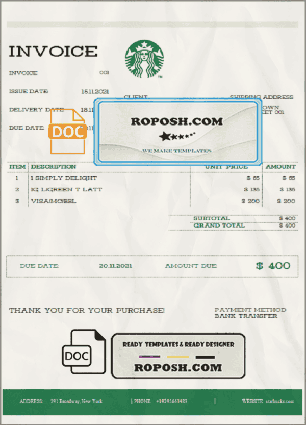 USA Starbucks invoice template in Word and PDF format, fully editable