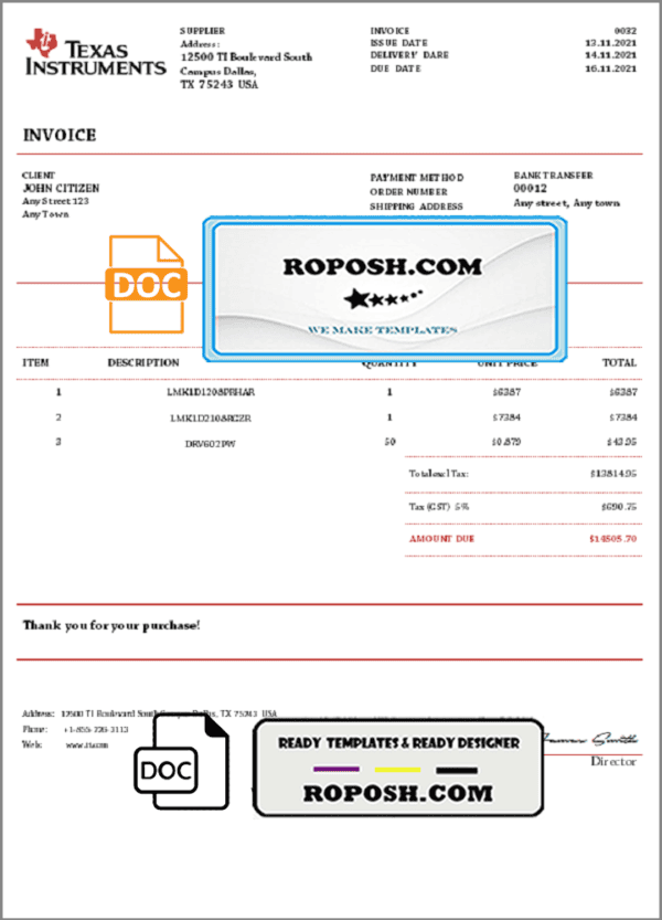 USA Texas Instruments invoice template in Word and PDF format, fully editable