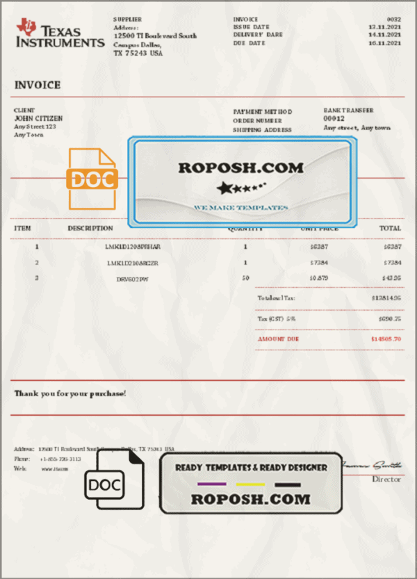USA Texas Instruments invoice template in Word and PDF format, fully editable