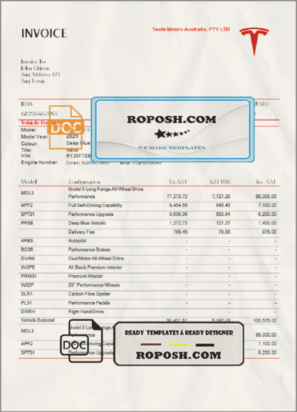 USA Tesla invoice template in Word and PDF format, fully editable