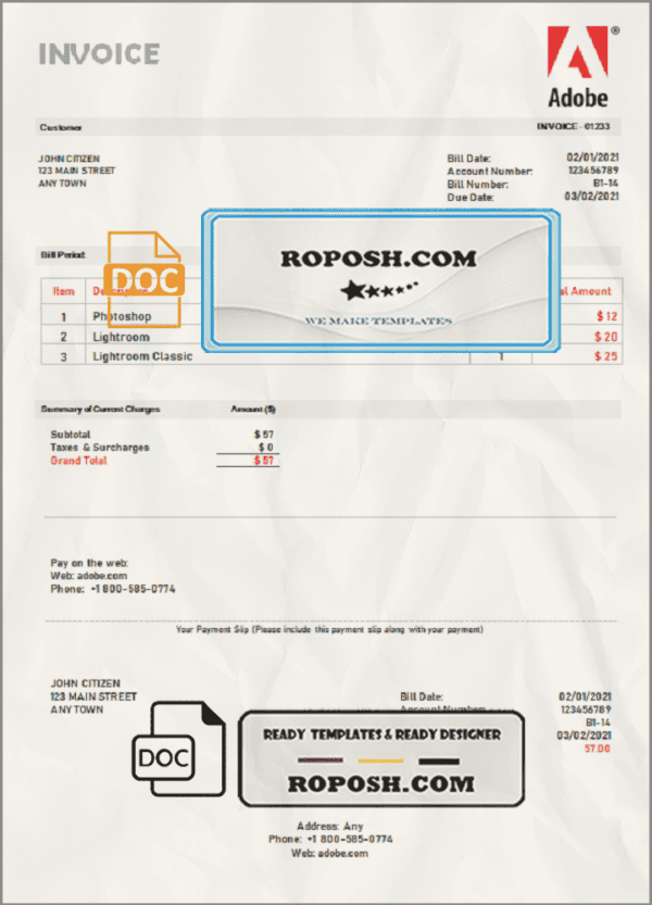 USA Adobe invoice template in Word and PDF format, fully editable