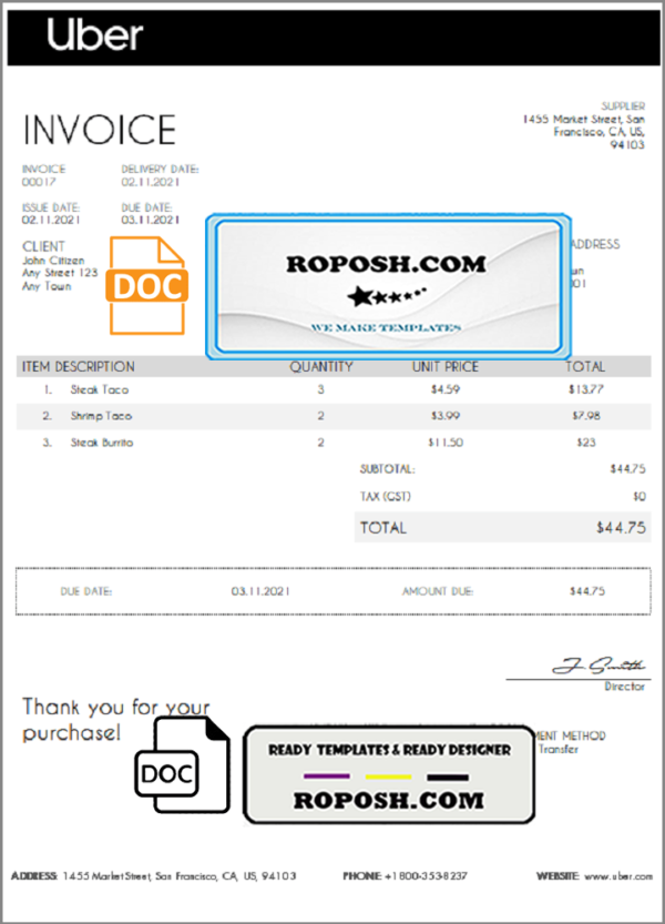 USA Uber invoice template in Word and PDF format, fully editable