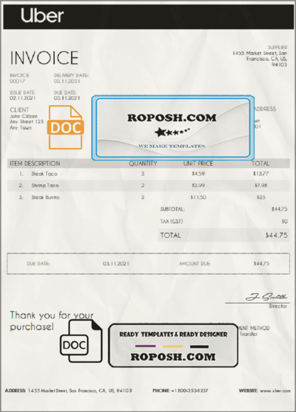 USA Uber invoice template in Word and PDF format, fully editable
