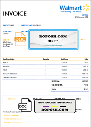 USA Walmart invoice template in Word and PDF format, fully editable