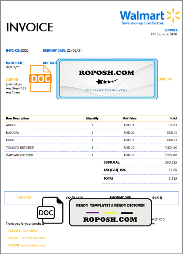 USA Walmart invoice template in Word and PDF format fully editable