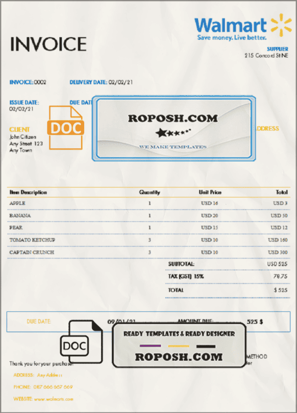USA Walmart invoice template in Word and PDF format, fully editable