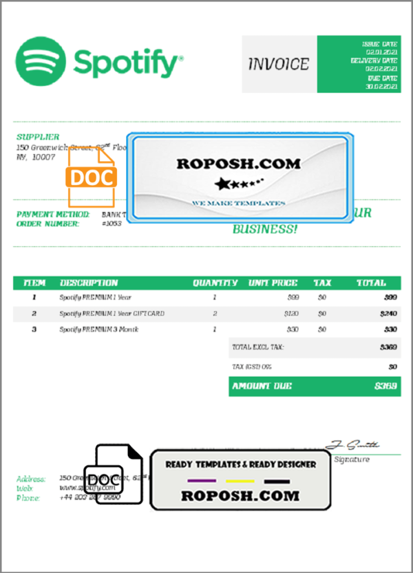 USA Spotify invoice template in Word and PDF format, fully editable
