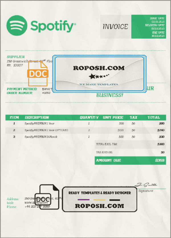 USA Spotify invoice template in Word and PDF format, fully editable
